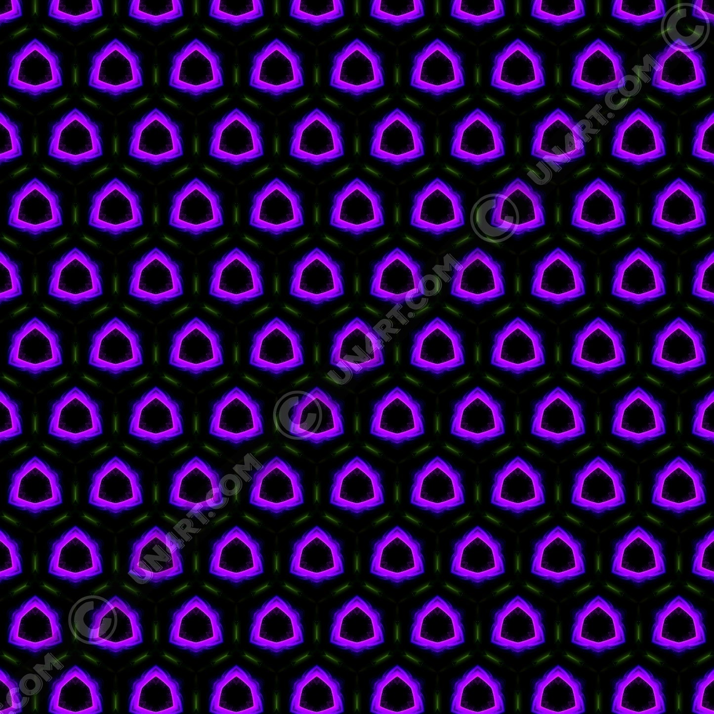 un4rt - the image shows a seamless pattern with a hexagonal honeycomb structure. the background and the center of the honeycombs is black. the frame of the honeycombs consist of dashed green lines. the inner part of the honeycombs consist irregular hexagonal shapes colored in pink, purple and blue.