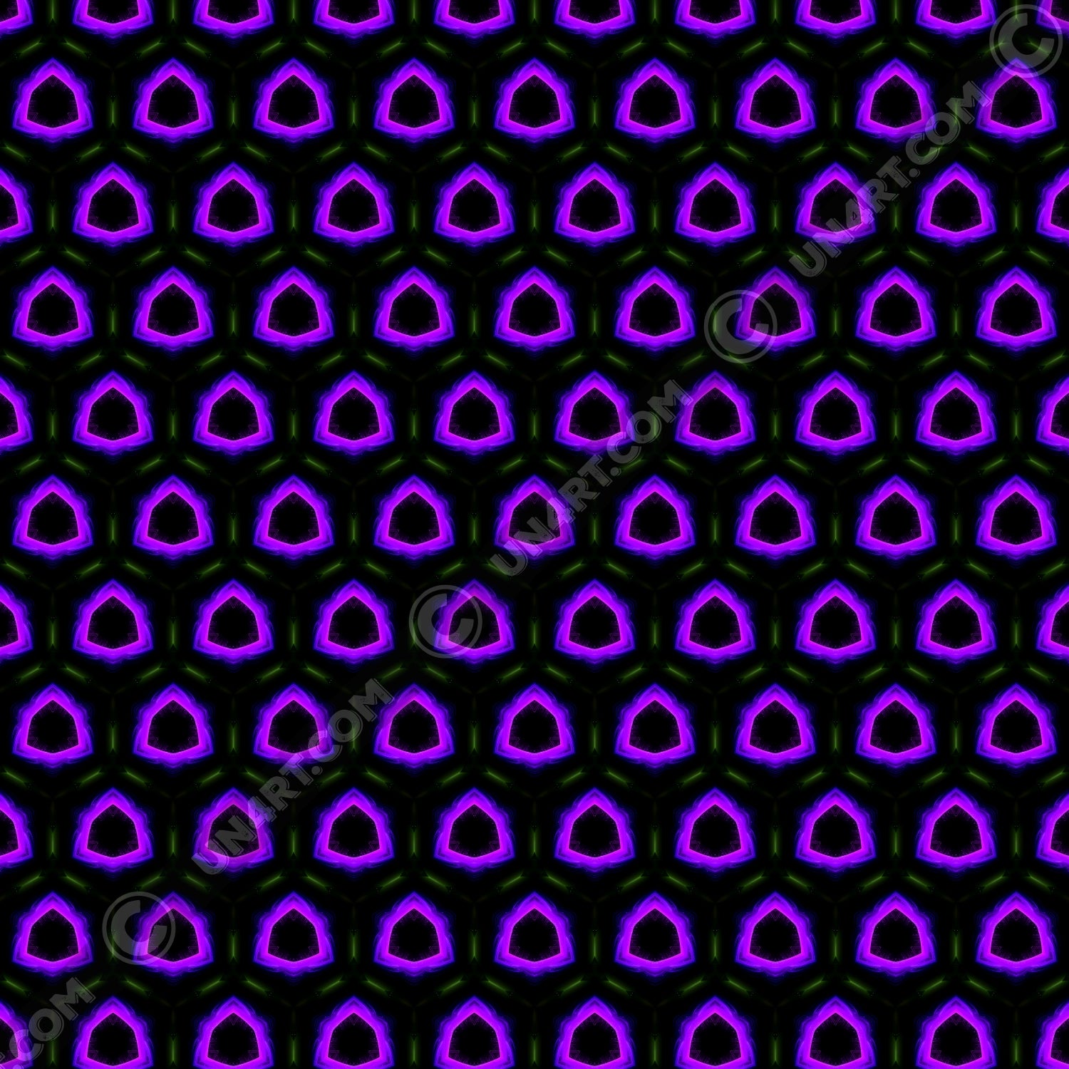 un4rt - the image shows a seamless pattern with a hexagonal honeycomb structure. the background and the center of the honeycombs is black. the frame of the honeycombs consist of dashed green lines. the inner part of the honeycombs consist irregular hexagonal shapes colored in pink, purple and blue.