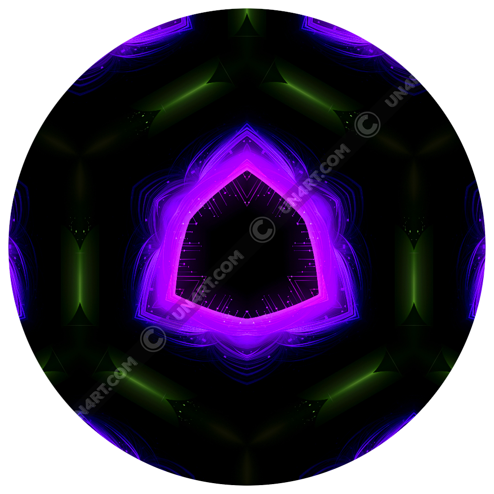 un4rt - the image shows a section of a seamless pattern with a hexagonal honeycomb structure. the background and the center of the honeycombs is black. the frame of the honeycombs consist of dashed green lines. the inner part of the honeycombs consist irregular hexagonal shapes colored in pink, purple and blue.