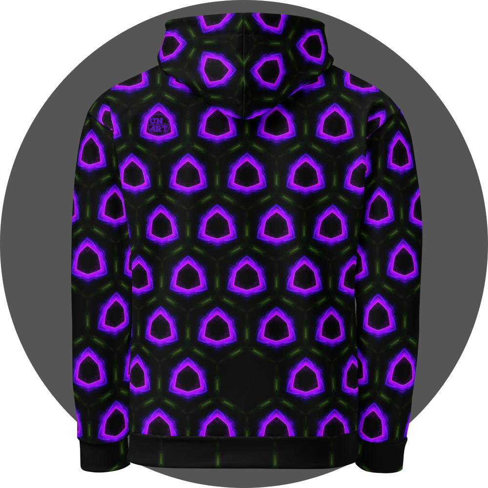 un4rt - the image shows the back of a hoodie with a seamless pattern with a hexagonal honeycomb structure. the background and the center of the honeycombs is black. the frame of the honeycombs consist of dashed green lines. the inner part of the honeycombs consist irregular hexagonal shapes colored in pink, purple and blue. some inner parts are missing.