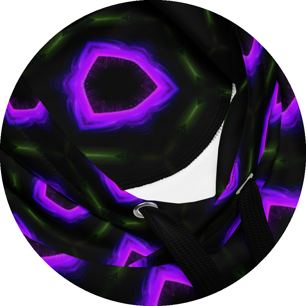 un4rt - the image shows details of a hoodie with a seamless pattern with a hexagonal honeycomb structure. the background and the center of the honeycombs is black. the frame of the honeycombs consist of dashed green lines. the inner part of the honeycombs consist irregular hexagonal shapes colored in pink, purple and blue.