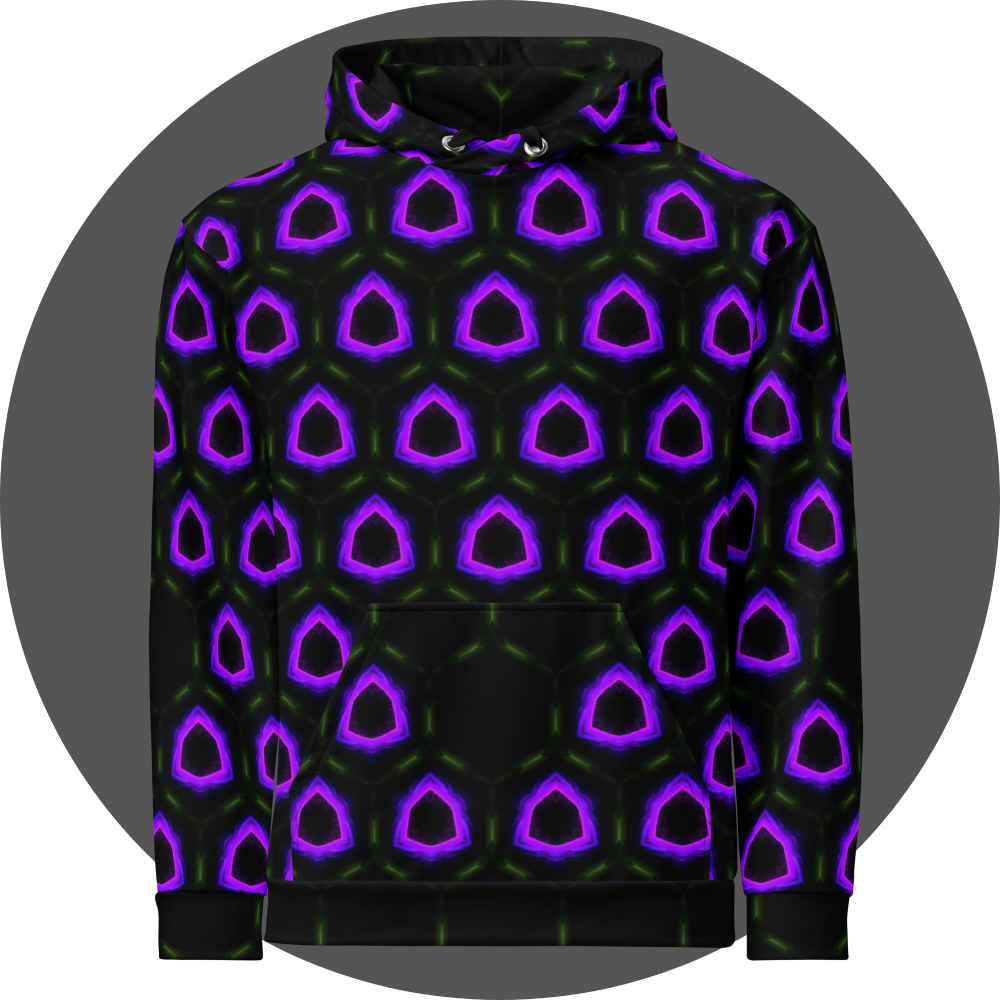 un4rt - the image shows the front of a hoodie with a seamless pattern with a hexagonal honeycomb structure. the background and the center of the honeycombs is black. the frame of the honeycombs consist of dashed green lines. the inner part of the honeycombs consist irregular hexagonal shapes colored in pink, purple and blue. some inner parts are missing.