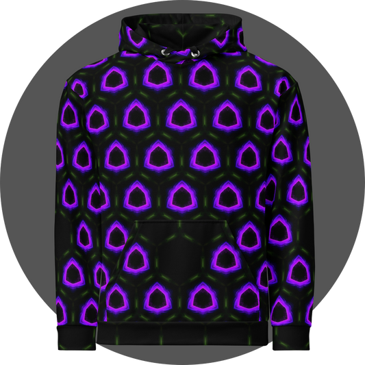 un4rt - the image shows the front of a hoodie with a seamless pattern with a hexagonal honeycomb structure. the background and the center of the honeycombs is black. the frame of the honeycombs consist of dashed green lines. the inner part of the honeycombs consist irregular hexagonal shapes colored in pink, purple and blue. some inner parts are missing.