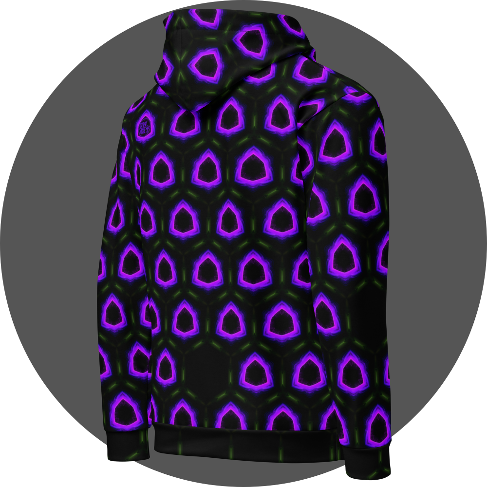 un4rt - the image shows the right back of a hoodie with a seamless pattern with a hexagonal honeycomb structure. the background and the center of the honeycombs is black. the frame of the honeycombs consist of dashed green lines. the inner part of the honeycombs consist irregular hexagonal shapes colored in pink, purple and blue. some inner parts are missing.