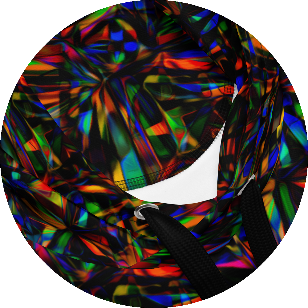 un4rt - the image shows details of a hoodie with a pattern of overlapping, predominantly elongated moulds in all colors inclusive black. the moulds are mainly arranged in star shapes. the colors of the overlapping sections are inverted.