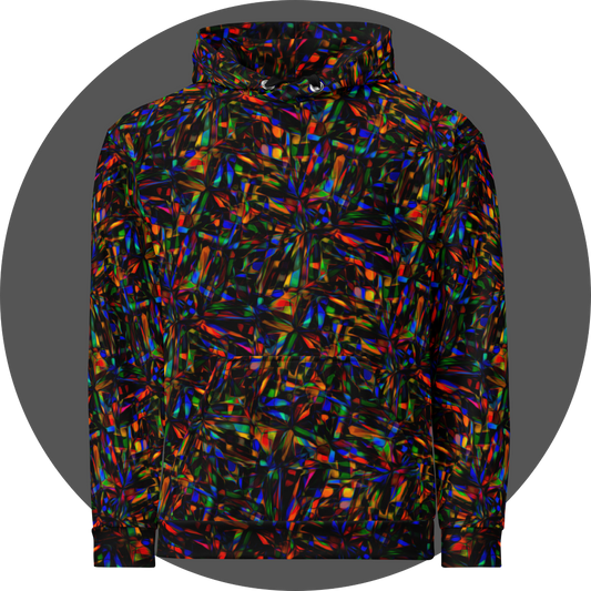 un4rt - the image shows the front of a hoodie with a pattern of overlapping, predominantly elongated moulds in all colors inclusive black. the moulds are mainly arranged in star shapes. the colors of the overlapping sections are inverted.