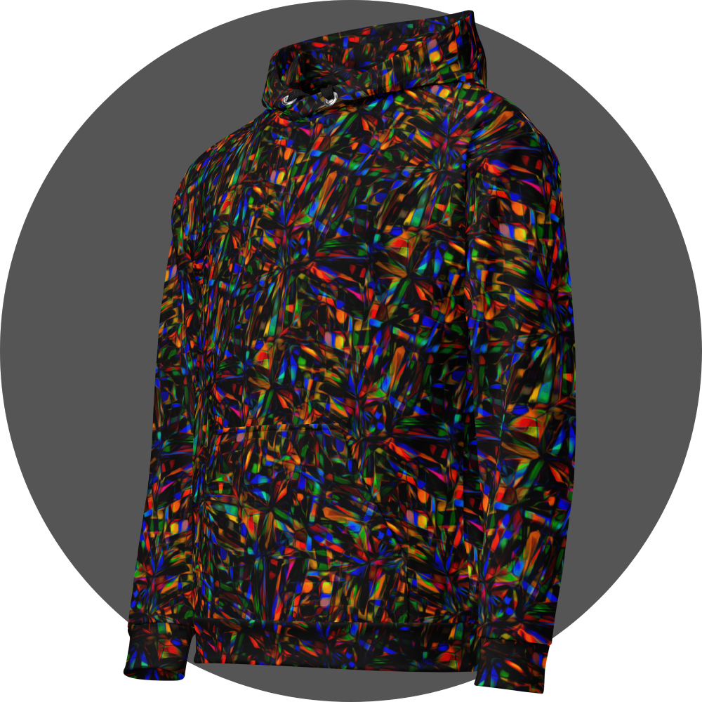 un4rt - the image shows the left front of a hoodie with a pattern of overlapping, predominantly elongated moulds in all colors inclusive black. the moulds are mainly arranged in star shapes. the colors of the overlapping sections are inverted.