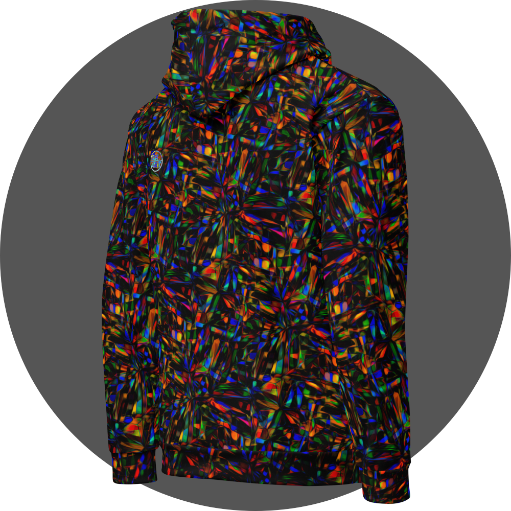 un4rt - the image shows the right back of a hoodie with a pattern of overlapping, predominantly elongated moulds in all colors inclusive black. the moulds are mainly arranged in star shapes. the colors of the overlapping sections are inverted.