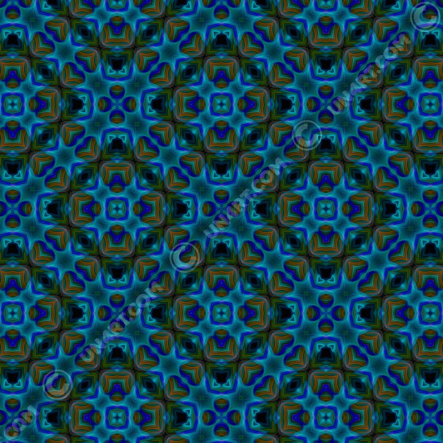 un4rt - the image shows a repeating pattern in bright and dark blue, dark orange and dirty green tones. the pattern includes star-shaped and rectangular elements. large square elements with broad contours overlay the pattern. the colors of the pattern are darkened within the contours of the squares.