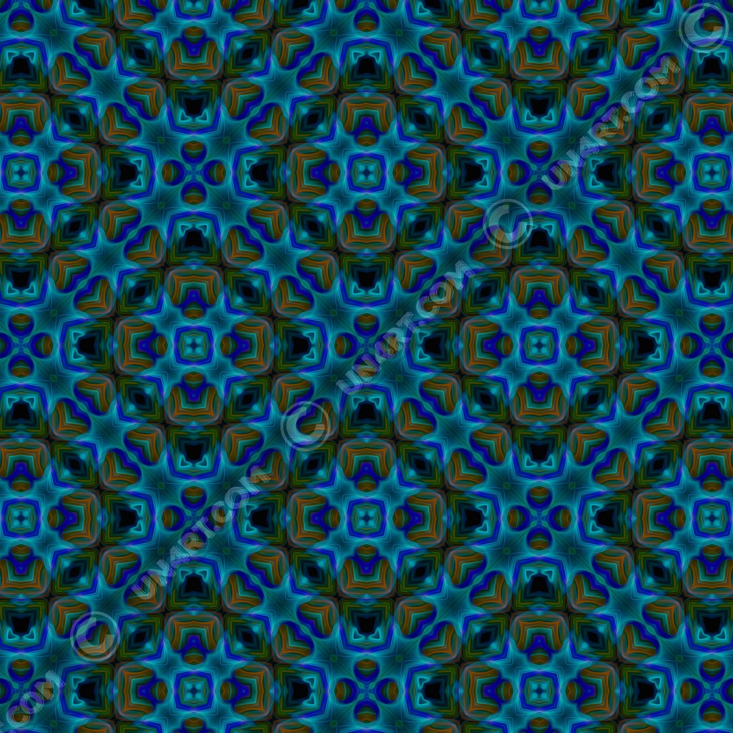 un4rt - the image shows a repeating pattern in bright and dark blue, dark orange and dirty green tones. the pattern includes star-shaped and rectangular elements. large square elements with broad contours overlay the pattern. the colors of the pattern are darkened within the contours of the squares.