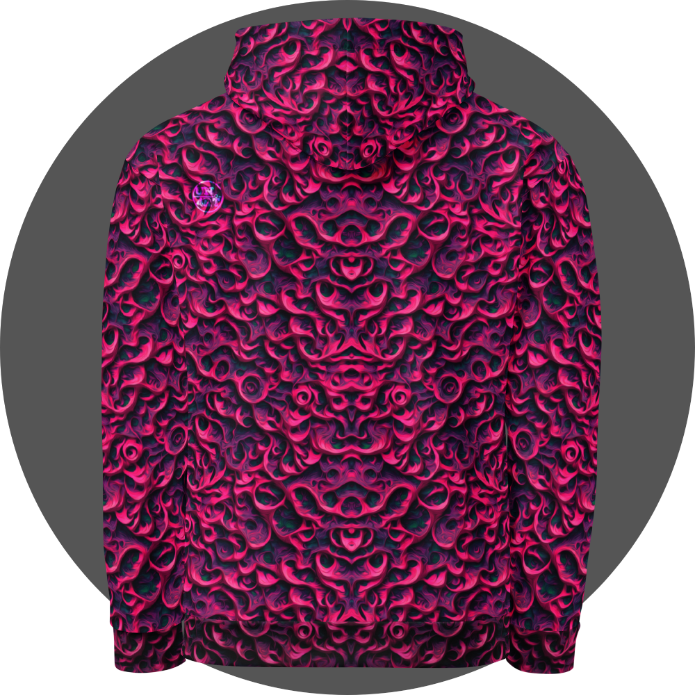 un4rt - the image shows the back of a hoodie with a vertical mirrored repeating pattern with three-dimensional wavy and wedge-shaped lines. the higher areas are pink, the lower areas purple. the lowest areas are green. the color gradients have the structure of an oil painting.