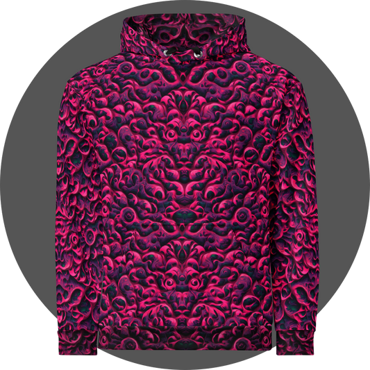 un4rt - the image shows the front of a hoodie with a vertical mirrored repeating pattern with three-dimensional wavy and wedge-shaped lines. the higher areas are pink, the lower areas purple. the lowest areas are green. the color gradients have the structure of an oil painting.