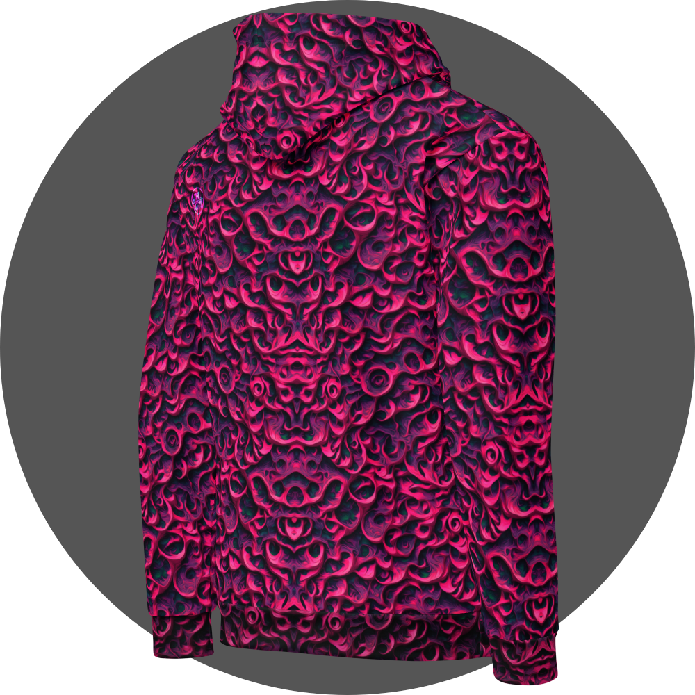un4rt - the image shows the right back of a hoodie with a vertical mirrored repeating pattern with three-dimensional wavy and wedge-shaped lines. the higher areas are pink, the lower areas purple. the lowest areas are green. the color gradients have the structure of an oil painting.