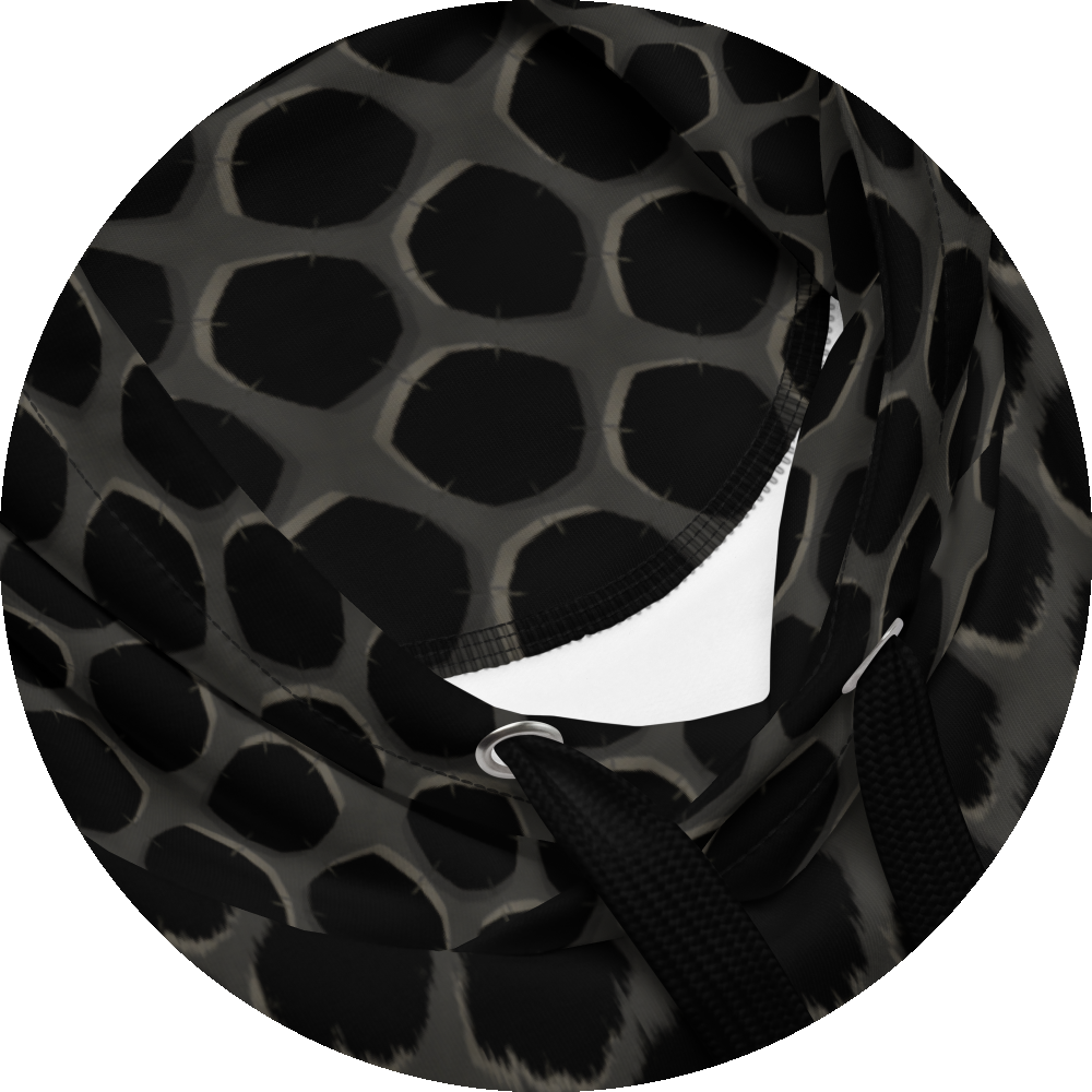 un4rt - the image shows details of a hoodie with a repeating pattern. a strong wind-effect is added on the bottom, but becomes less effective the closer the pattern reaches the top. the pattern shows a grid with pentagonal cut-outs. the background is black, the grid is grey with decent white shadows.