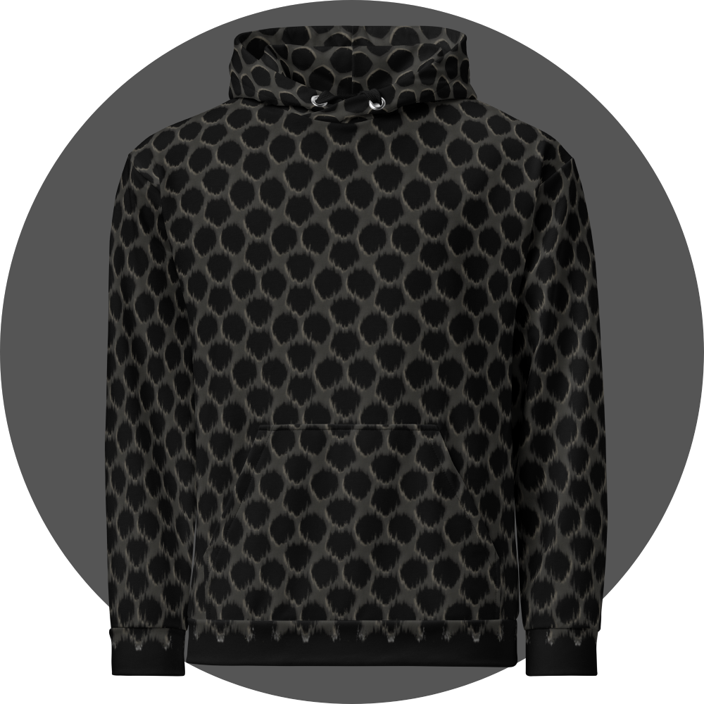 un4rt - the image shows the front of a hoodie with a repeating pattern. a strong wind-effect is added on the bottom, but becomes less effective the closer the pattern reaches the top. the pattern shows a grid with pentagonal cut-outs. the background is black, the grid is grey with decent white shadows.