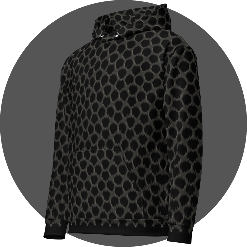 un4rt - the image shows the left front of a hoodie with a repeating pattern. a strong wind-effect is added on the bottom, but becomes less effective the closer the pattern reaches the top. the pattern shows a grid with pentagonal cut-outs. the background is black, the grid is grey with decent white shadows.