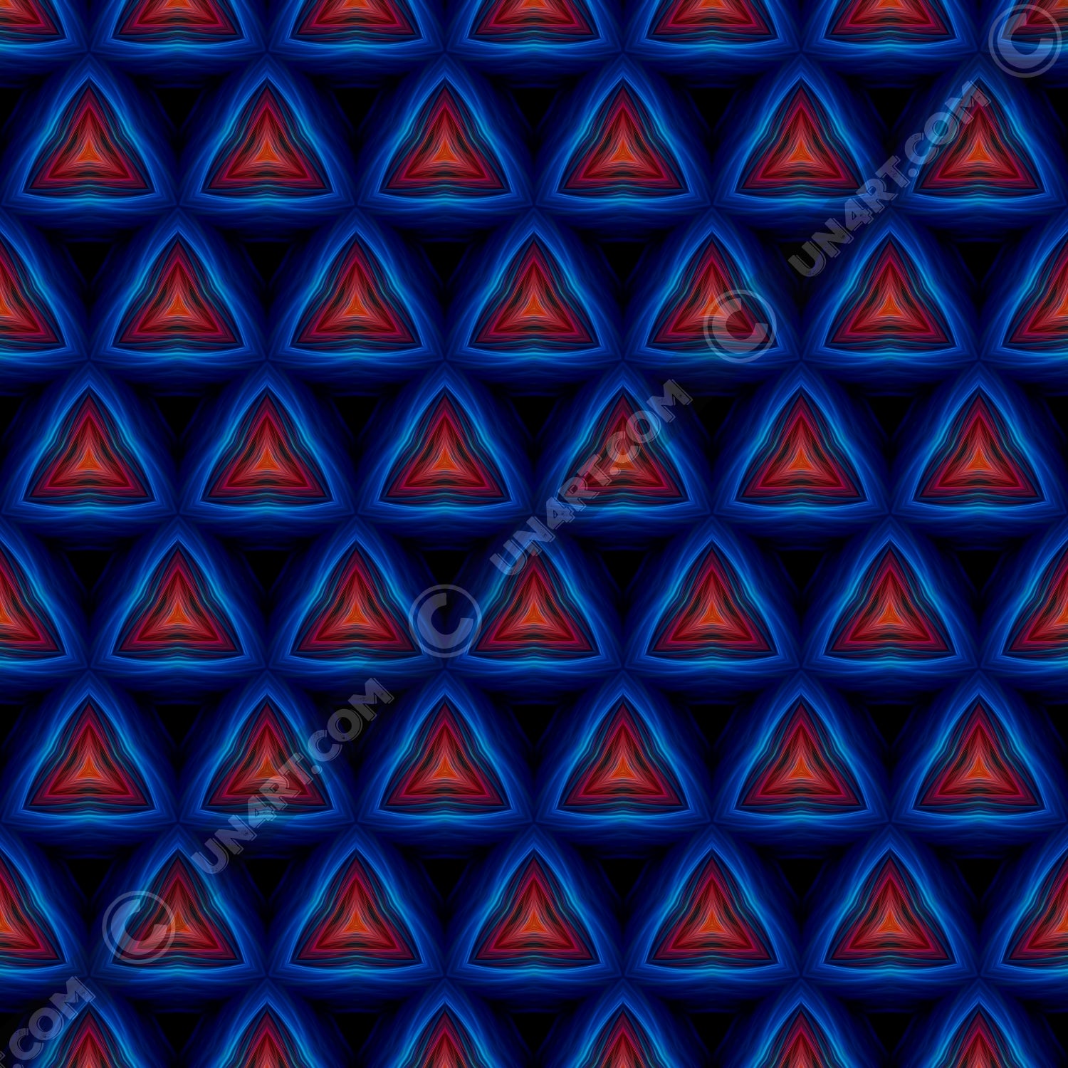 un4rt - the image shows a repeating pattern of triangles pointing up. the corners of the triangles are connected. the background is back. the triangles are made of thin curvy lines, blue lines create the frames of the triangles, red lines create the inner triangles. detailed brush strokes are visible, in the style of an oil painting.