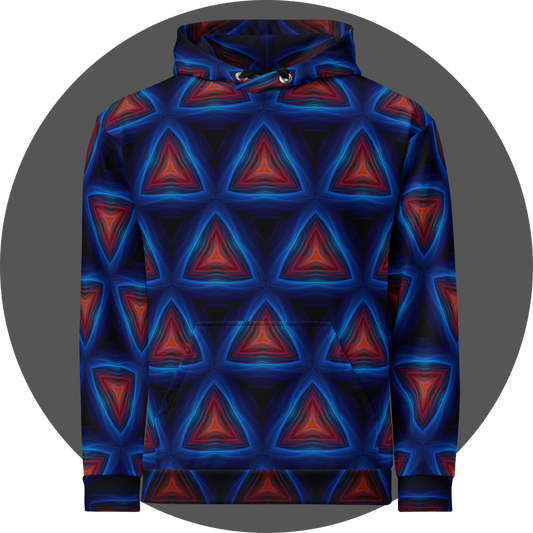 un4rt - the image shows the front of a hoodie with a repeating pattern of triangles pointing up. the corners of the triangles are connected. the background is back. the triangles are made of thin curvy lines, blue lines create the frames of the triangles, red lines create the inner triangles. detailed brush strokes are visible, in the style of an oil painting.