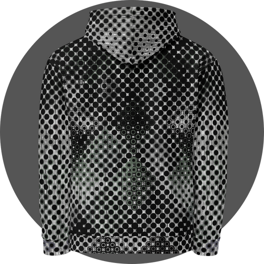UN4RT doterium all-over-print hoodie back view – white and black pullover hoodie with dense halftone dot pattern, hidden skull motif formed by solid black circles fading to hollow rings visible across back panel, ribbed cuffs and hem.