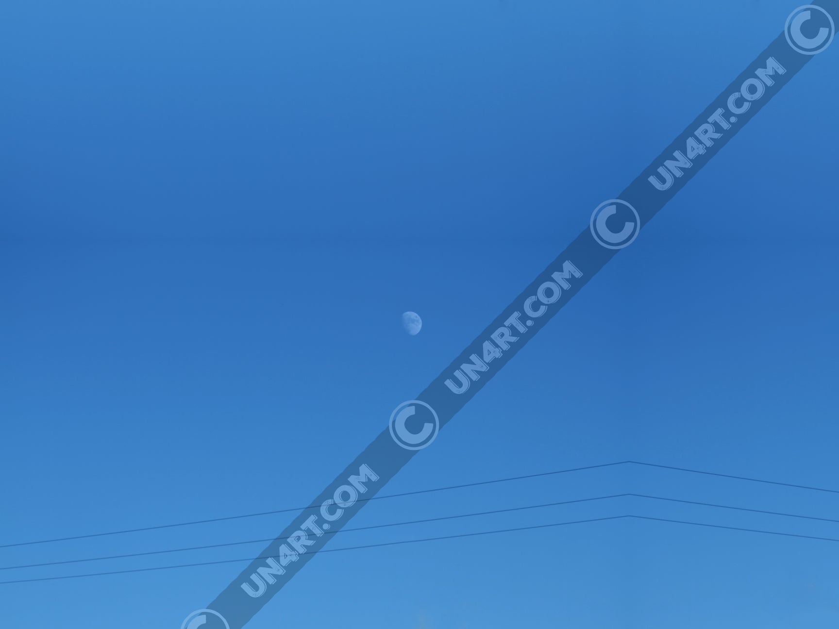 un4rt - the photographie shows a completely blue sky with a small moon in the center. some power lines cross the image on the bottom.