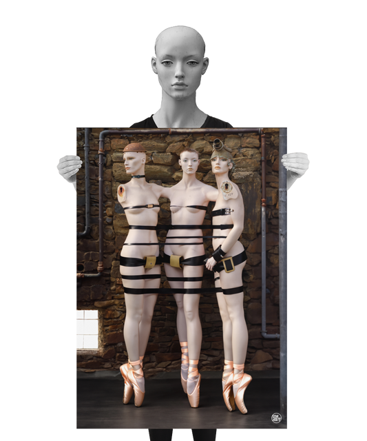 un4rt - a poster. combination of photographie and ai-art. three mannequins in front of an old stone wall. all three are are tied together with black leather belts and all three are wearing ballett shoes. they stand on their toes. one mannequin is wearing a gas mask, one is wearing a rusty hat. their arms are merged. a mannequin is holding the poster.