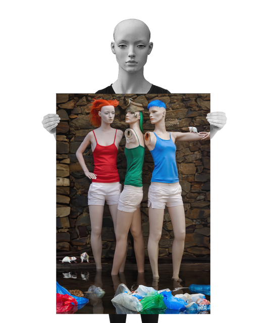un4rt - a poster. combination of photographie and ai-art. three mannequins in front of an old stone wall. all three are wearing white short pants. one mannequin has red hair and wears a red top. one  annequin has green hair and wears a green top. one mannequin has blue hair and wears a blue top. the three mannequins are standing in dirty water. some trash in the water and white mice around them. a mannequin is holding the poster.