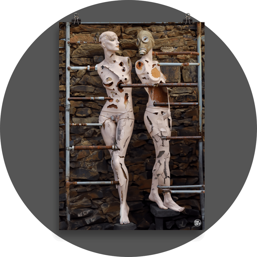 un4rt - combination of photographie and ai-art. two mannequins with massive signs of destruction in front of an old stone wall. both mannequins are connected with various rusty pipes. one of them is wearing a gas mask.