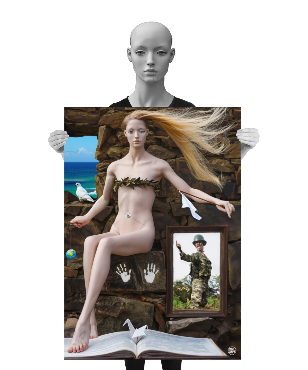 un4rt - a poster. combination of photographie and ai-art. a mannequin with long blonde hair is sitting in front of an old stone wall. multiple signs of peace around her. a soldier is shouting at her. a mannequin is holding the poster.