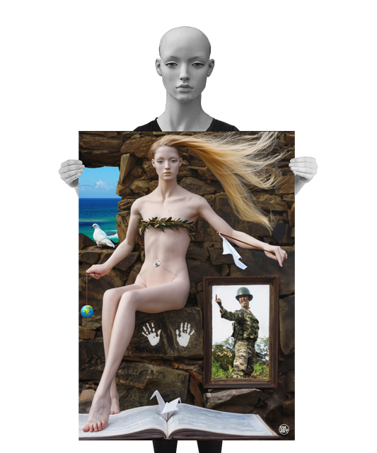 un4rt - a poster. combination of photographie and ai-art. a mannequin with long blonde hair is sitting in front of an old stone wall. multiple signs of peace around her. a soldier is shouting at her. a mannequin is holding the poster.