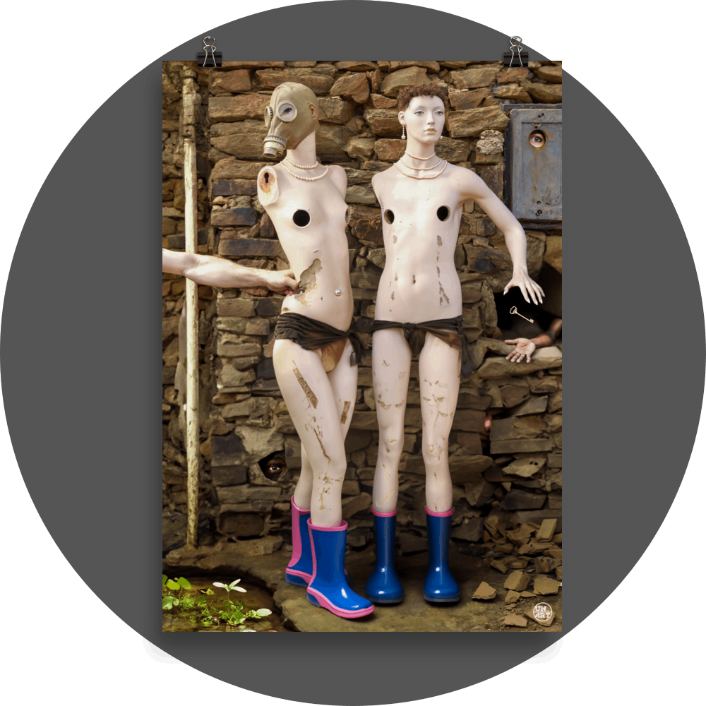 un4rt - combination of photographie and ai-art. two mannequins with rubber boots are standing in front of an ancient stone wall. one mannequin is wearing a gas mask. an arm is punching one mannequin. both mannequins are wearing necklesses and have holes in their breasts.