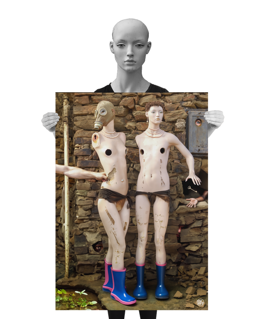 un4rt - a poster. combination of photographie and ai-art. two mannequins with rubber boots are standing in front of an ancient stone wall. one mannequin is wearing a gas mask. an arm is punching one mannequin. both mannequins are wearing necklesses and have holes in their breasts. a mannequin is holding the poster.