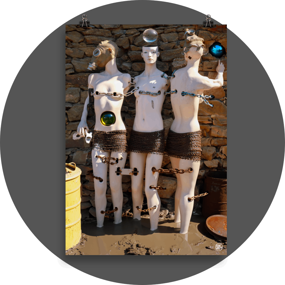 un4rt - combination of photographie and ai-art. three mannequins are chained together. they are standing in mud, in front of an old stone wall. one of the mannequins is looking into the camera, the others are wearing a gas mask and face away from the camera. each mannequin is in a relationship with a glas orb.