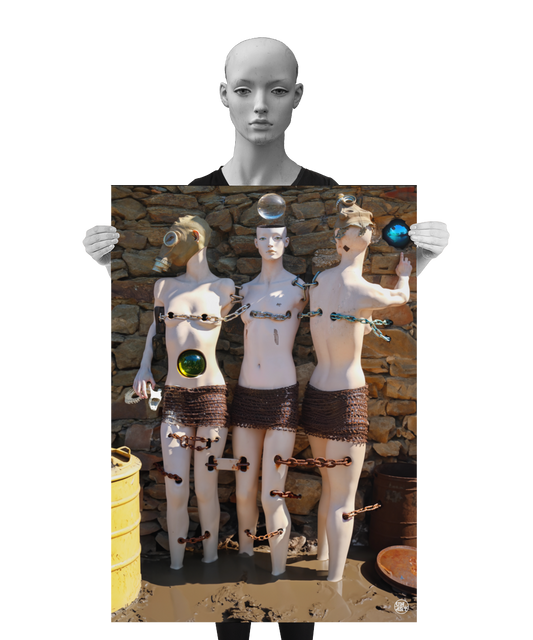 un4rt - a poster. combination of photographie and ai-art. three mannequins are chained together. they are standing in mud, in front of an old stone wall. one of the mannequins is looking into the camera, the others are wearing a gas mask and face away from the camera. each mannequin is in a relationship with a glas orb. a mannequin is holding the poster.