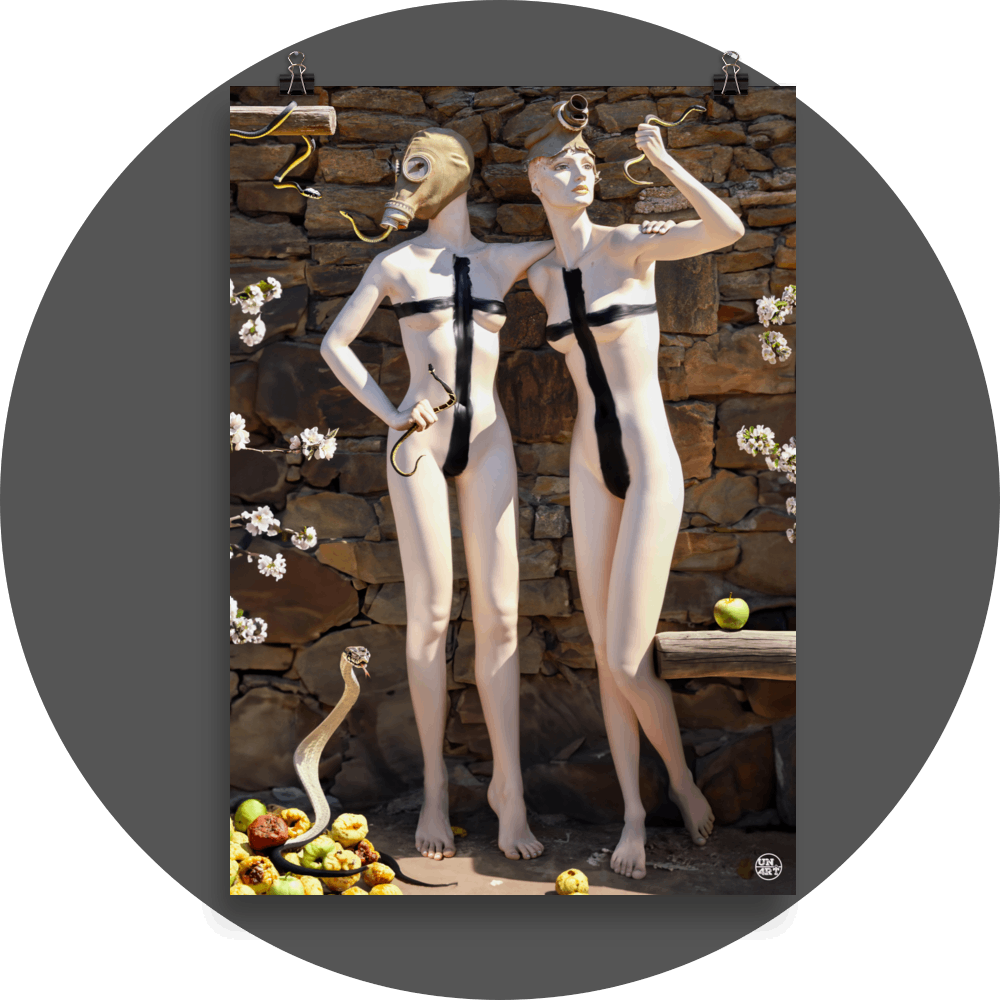 un4rt - combination of photographie and ai-art. two mannequins with a black cross all over their bodies standing in front of an old stonewall. both mannequins are wearing gas masks and holding snakes. blossoms and apples around them.