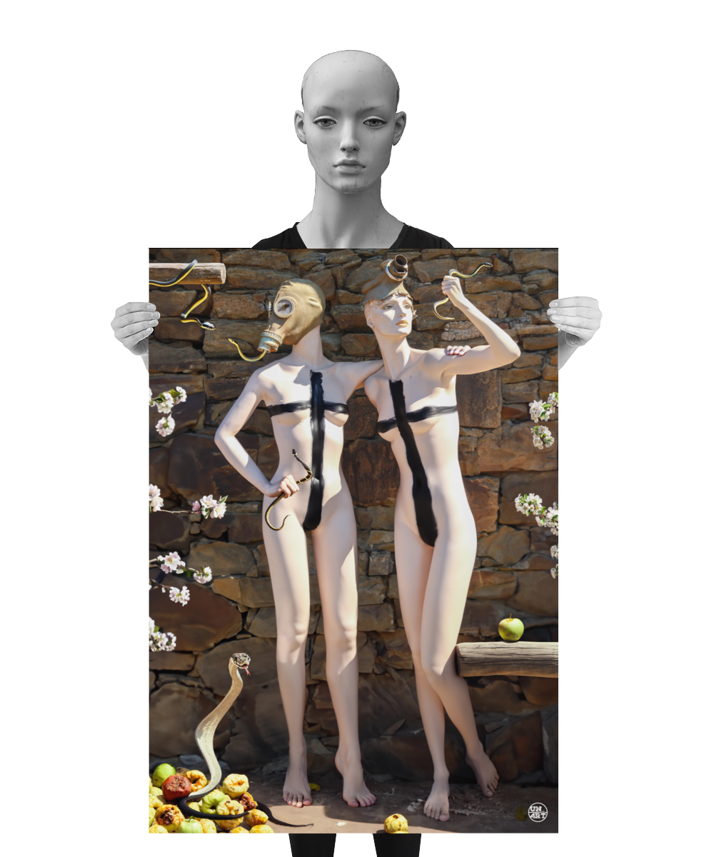 un4rt - a poster. combination of photographie and ai-art. two mannequins with a black cross all over their bodies standing in front of an old stonewall. both mannequins are wearing gas masks and holding snakes. blossoms and apples around them. a mannequin is holding the poster.
