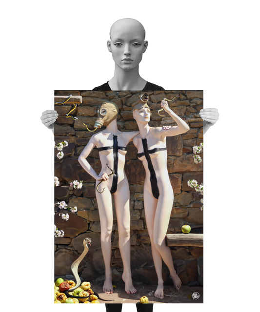 un4rt - a poster. combination of photographie and ai-art. two mannequins with a black cross all over their bodies standing in front of an old stonewall. both mannequins are wearing gas masks and holding snakes. blossoms and apples around them. a mannequin is holding the poster.