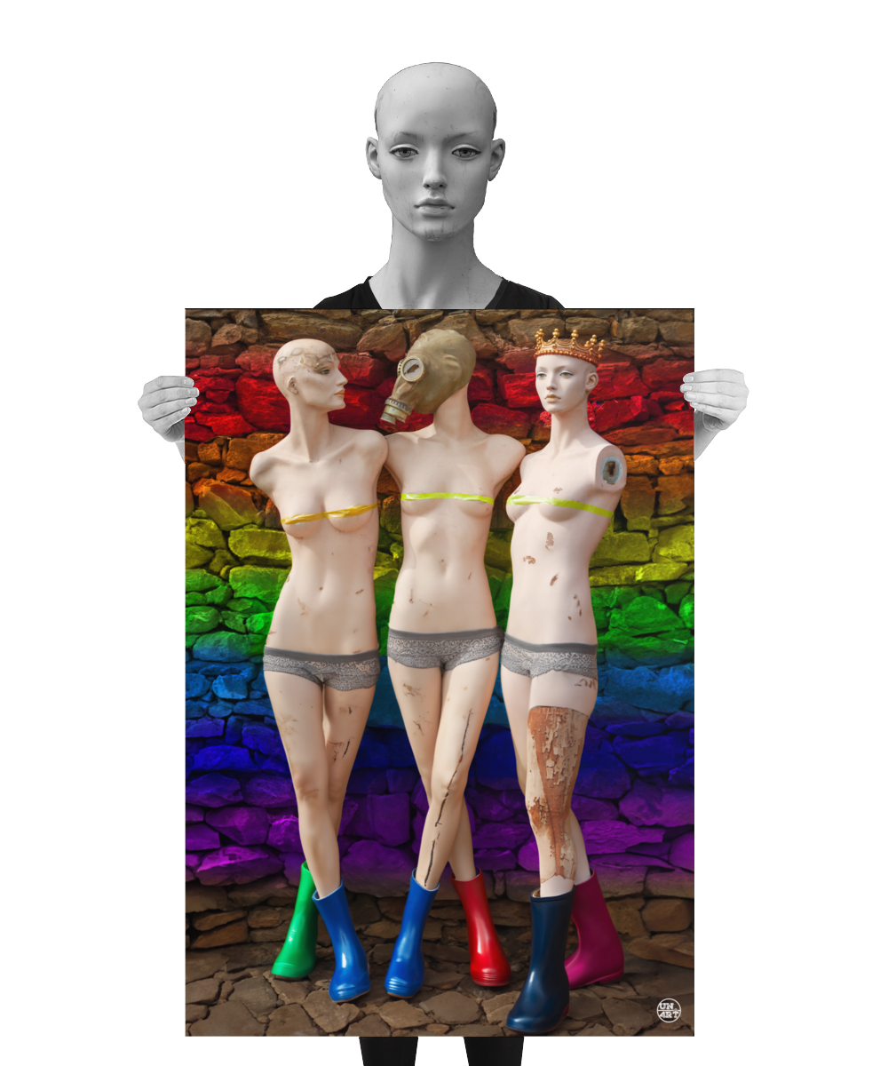 un4rt - a poster. combination of photographie and ai-art. three mannequins in rubber boots standing in front of a colorful ancient stone wall. one mannequin is wearng a crown, one is wearing a mask, one has a bold head. all three mannequins have no arms. a mannequin is holding the poster.