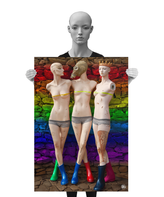 un4rt - a poster. combination of photographie and ai-art. three mannequins in rubber boots standing in front of a colorful ancient stone wall. one mannequin is wearng a crown, one is wearing a mask, one has a bold head. all three mannequins have no arms. a mannequin is holding the poster.