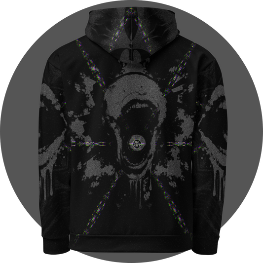 UN4RT - EYESCREAM all-over-print hoodie back view – black pullover hoodie with large screaming skull graphic, radiating glitch lines and dripping paint effect on dark premium fabric