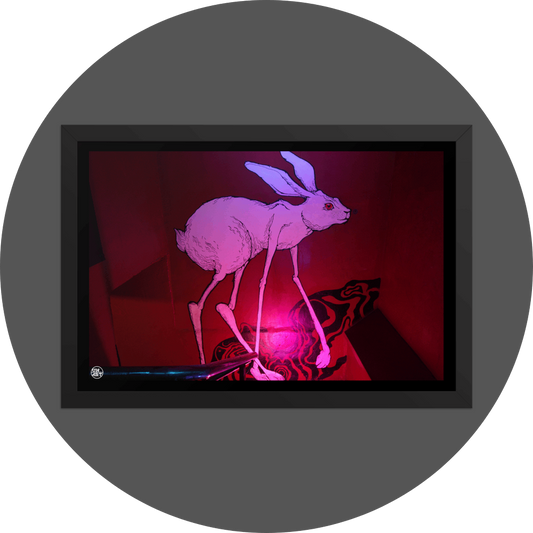 un4rt - the photographie shows a mural of a grotesque white rabbit with extraordinary long legs and a red eye. the main color of the wall is red. some psychedelich black curves on the bottom. the rabbit is walking upstairs.