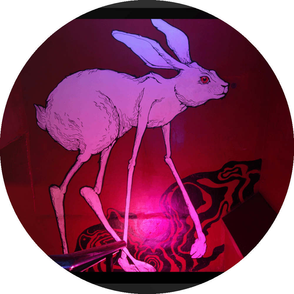 un4rt - the photographie shows a mural of a grotesque white rabbit with extraordinary long legs and a red eye. the main color of the wall is red. some psychedelich black curves on the bottom. the rabbit is walking upstairs.