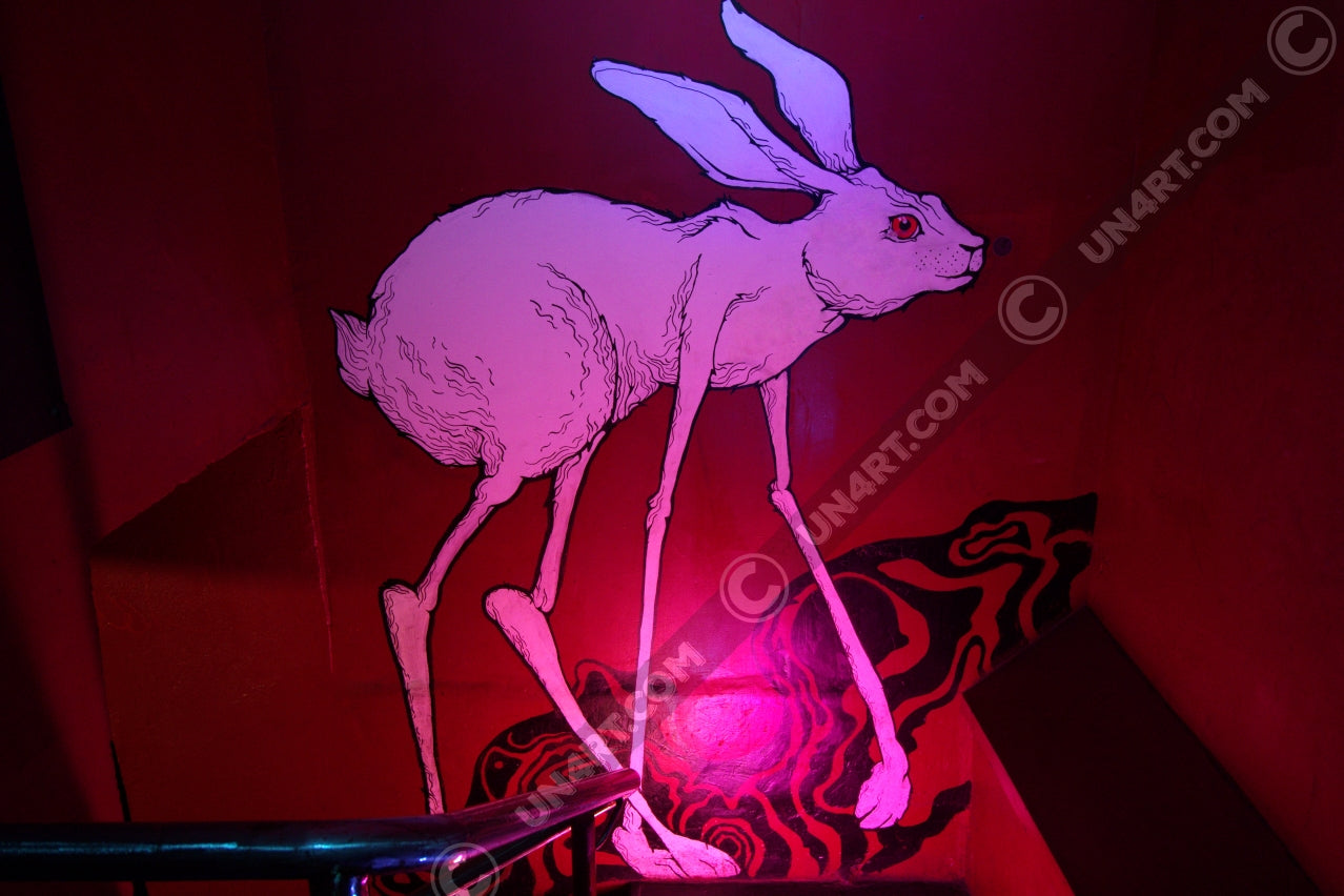 un4rt - the photographie shows a mural of a grotesque white rabbit with extraordinary long legs and a red eye. the main color of the wall is red. some psychedelich black curves on the bottom. the rabbit is walking upstairs.