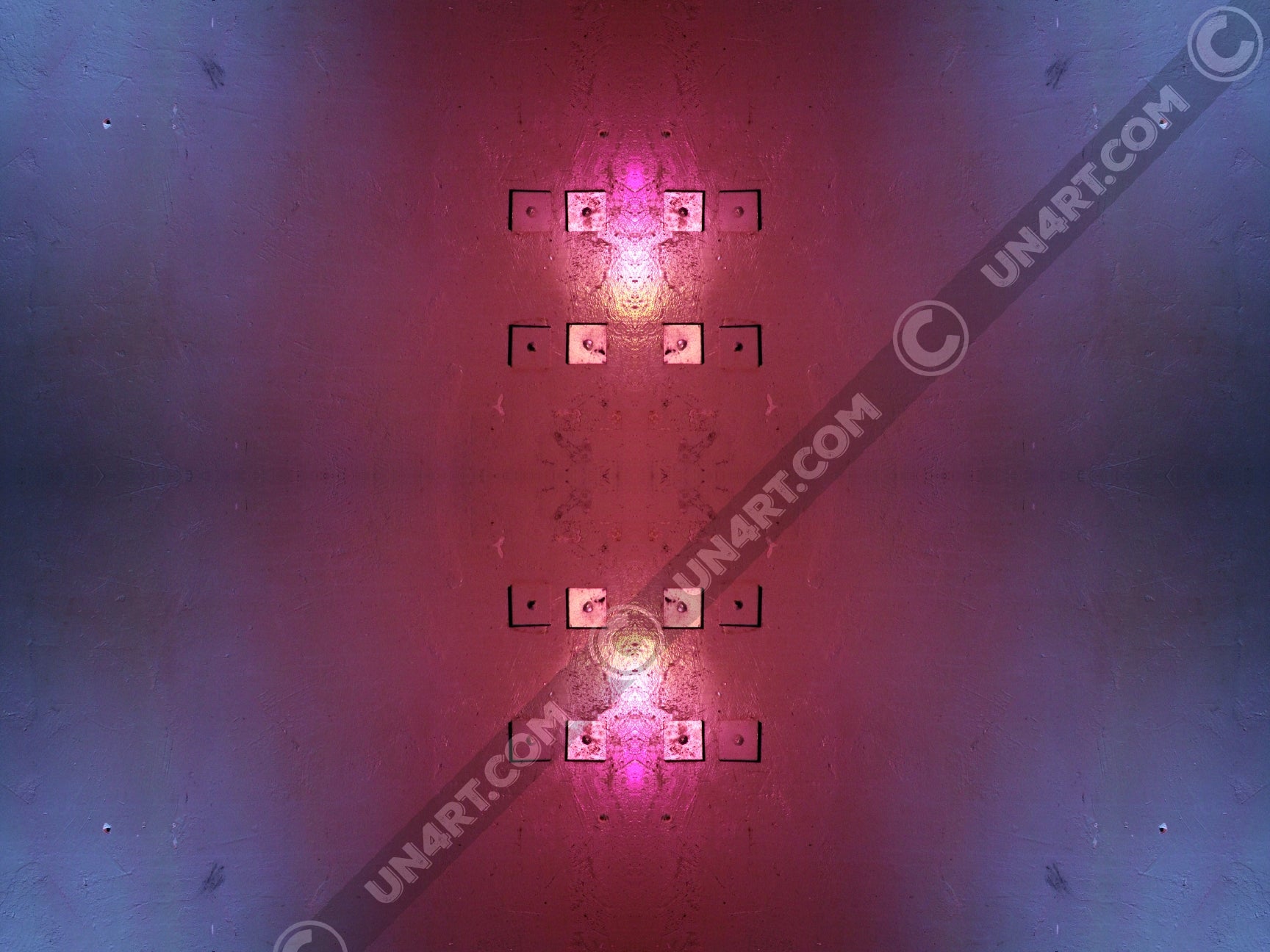 un4rt - the image contains the photographie for four times. two of the photographies are mirrored, one is turned around 180° and one is original. the colors are red and light blue.