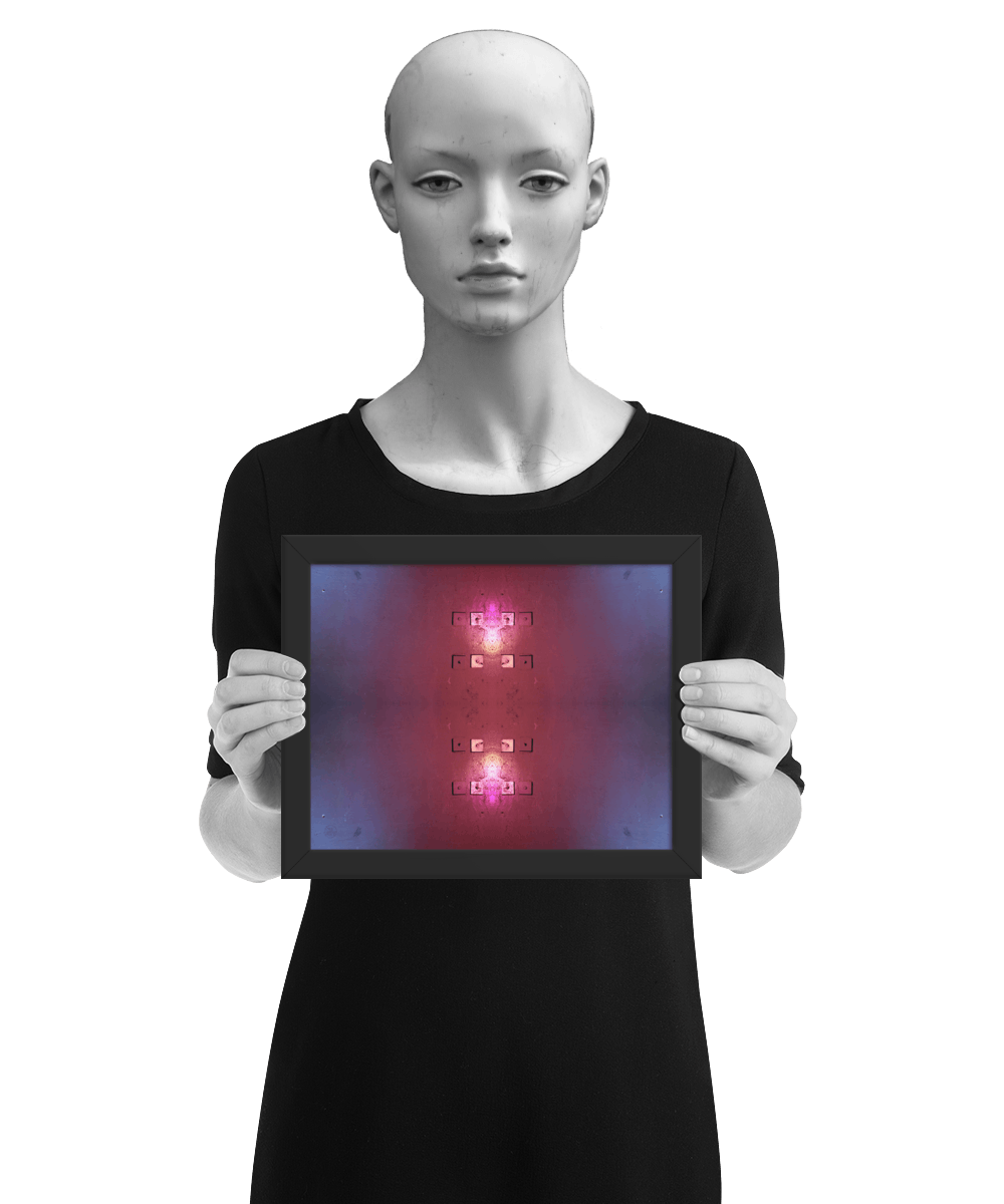 un4rt - the image contains the photographie for four times. two of the photographies are mirrored, one is turned around 180° and one is original. the colors are red and light blue. the image is framed and presented by a mannequin in black and white.