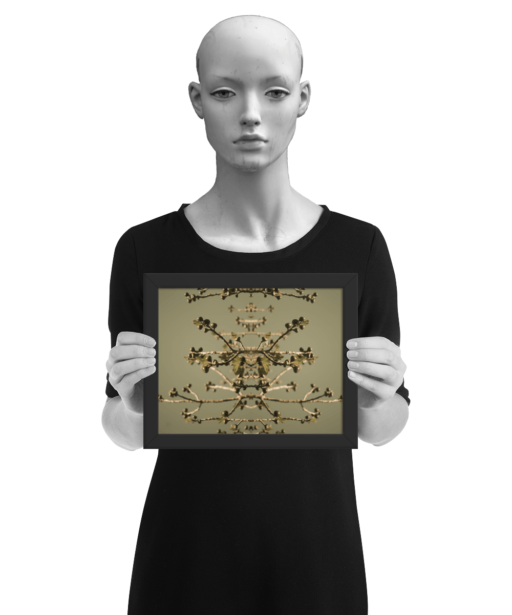 un4rt - the photographie is doubled and then mirrored. both photographies together create the final image. the image shows some branches of a fig tree with some small figs. the background is a light olive green. the image is framed and resented by a mannequin in black and white.