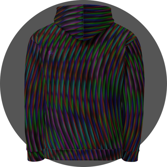 UN4RT frequent glitch all-over-print hoodie back view – black pullover hoodie with flowing multicolour stripe pattern in red, green, blue and purple covering body, hood and sleeves, ribbed cuffs and hem.