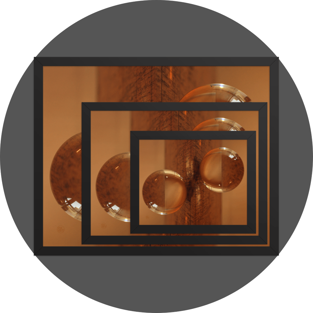 un4rt - the image shows 3 different sizes of the same photographie on top of each other. large size in the back, medium size in the middle and small size on top. the photographie is doubled and then mirrored. both photographies together create the final image. the photographie shows a glass ball on a wooden board. the wooden board is reflecting inside the glasball. the colors range from light brown to orange.