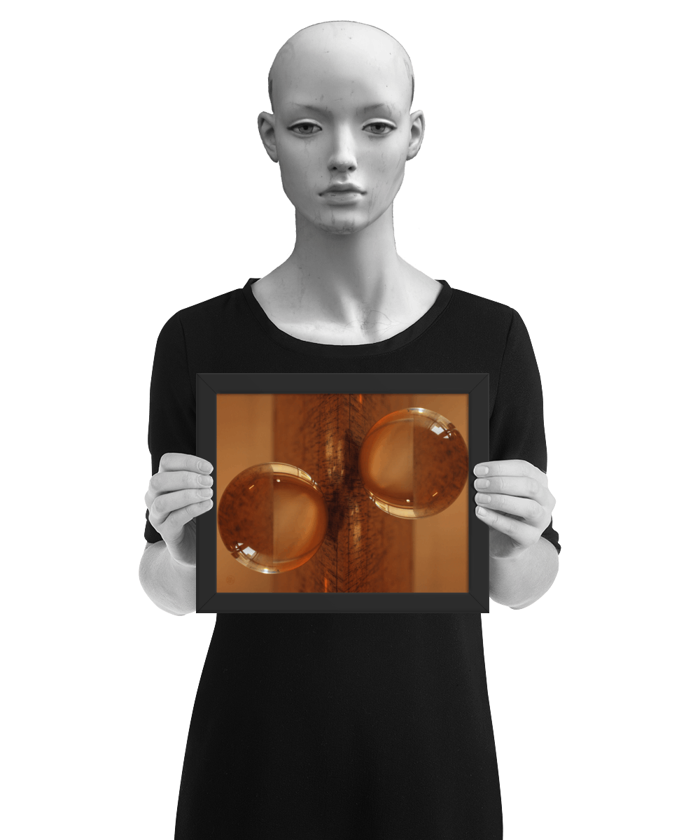 un4rt - the photographie is doubled and then mirrored. both photographies together create the final image. the photographie shows a glass ball on a wooden board. the wooden board is reflecting inside the glasball. the colors range from light brown to orange. the image is framed and presented by a mannequin in black and white.