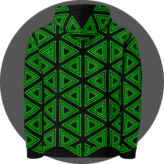 un4rt- the image shows the back of a hoodie with a repeating pattern made of triangles. each triangle is mirrored horizontal and vertical over and over again. the triangles are made of three thick and green lines with soft borders. the space between the triangles and between the green lines is black.