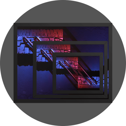 un4rt - the image shows 3 different sizes of the same photographie on top of each other. large size in the back, medium size in the middle and small size on top. the photographie is doubled and then mirrored. both photographies together create the final image. the image shows a brick wall and a wall with a handrail. the illumination changes from red to blue.